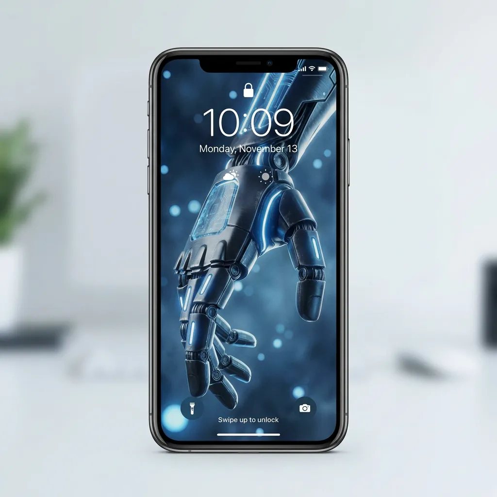 Futuristic robot hand iPhone wallpaper with neon tech design and ai developer aesthetic background mockup one