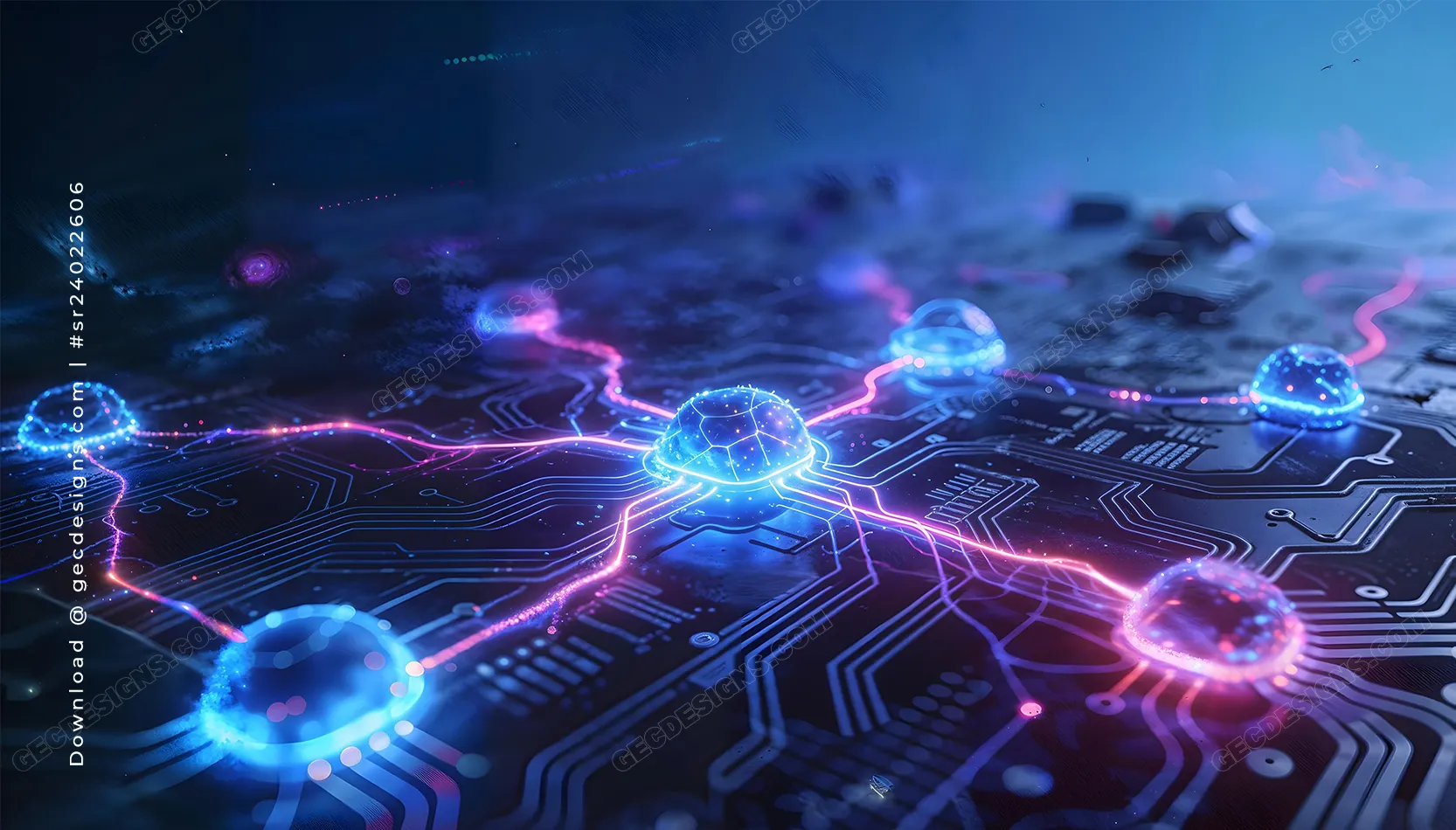 Futuristic Technology Desktop Wallpaper with Glowing Neural Network and Digital Circuit Flow