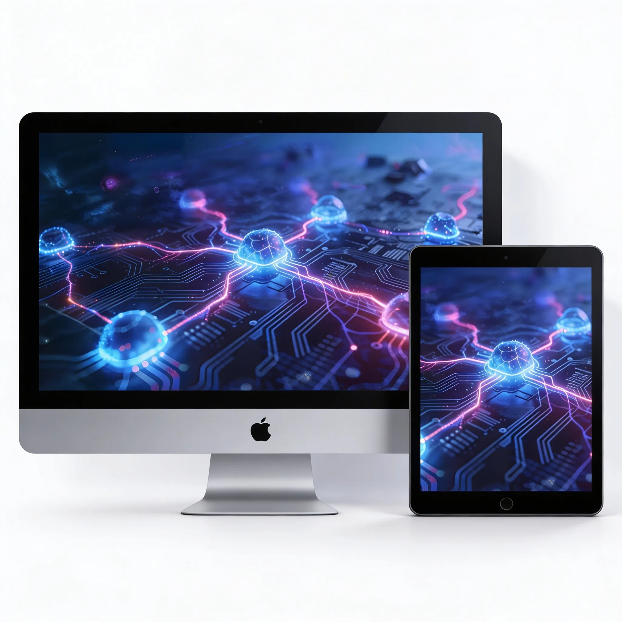Futuristic Technology Desktop Wallpaper With Glowing Neural Network And Digital Circuit Flow Sr24022606 Mockup One