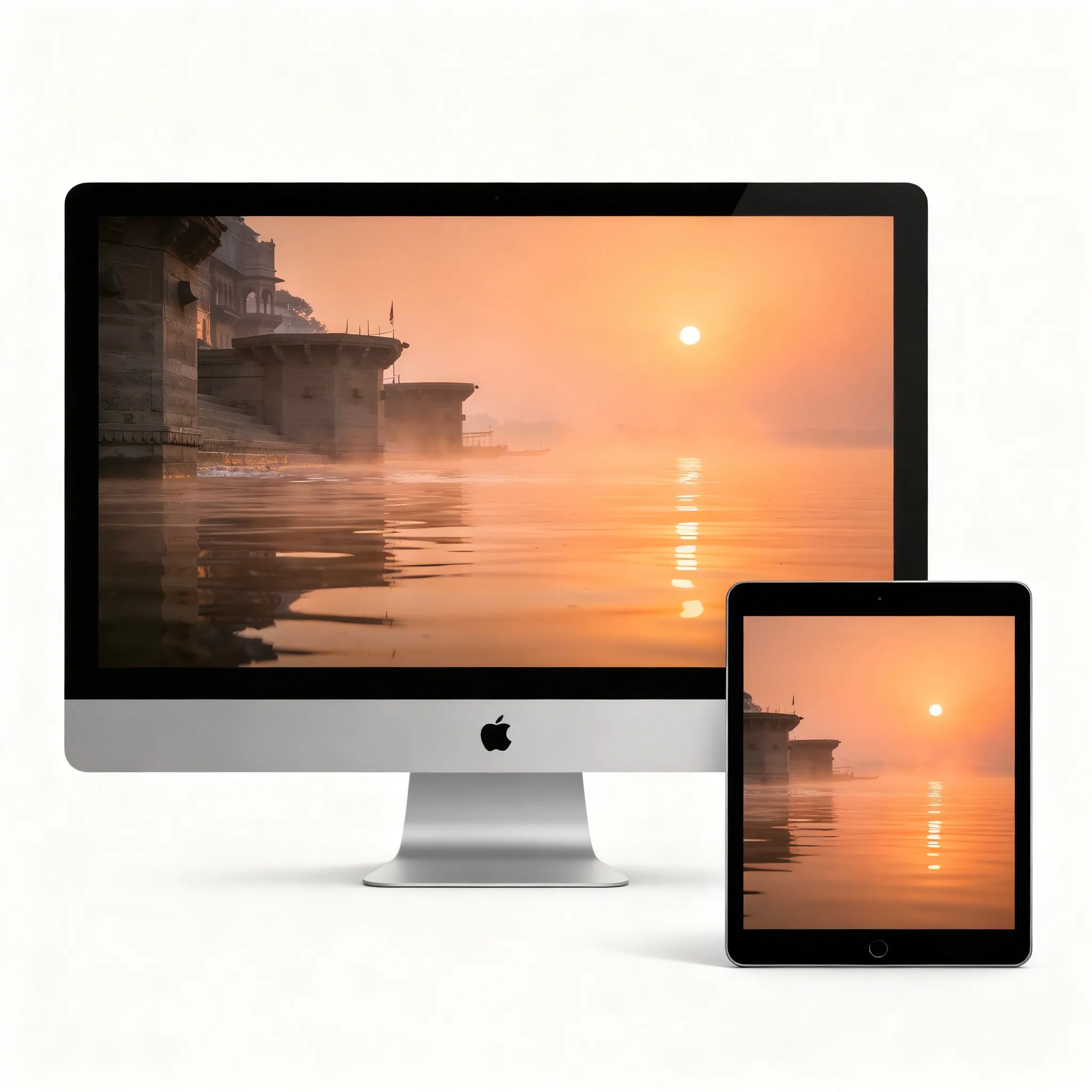 Ganga River Sunrise Desktop Wallpaper With Golden Morning Light And Historic Ghats Reflection Sr06032602 Mockup One