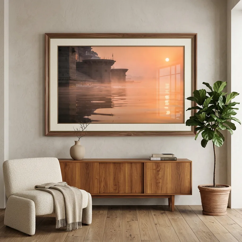 Ganga River Sunrise Desktop Wallpaper With Golden Morning Light And Historic Ghats Reflection Sr06032602 Mockup Two