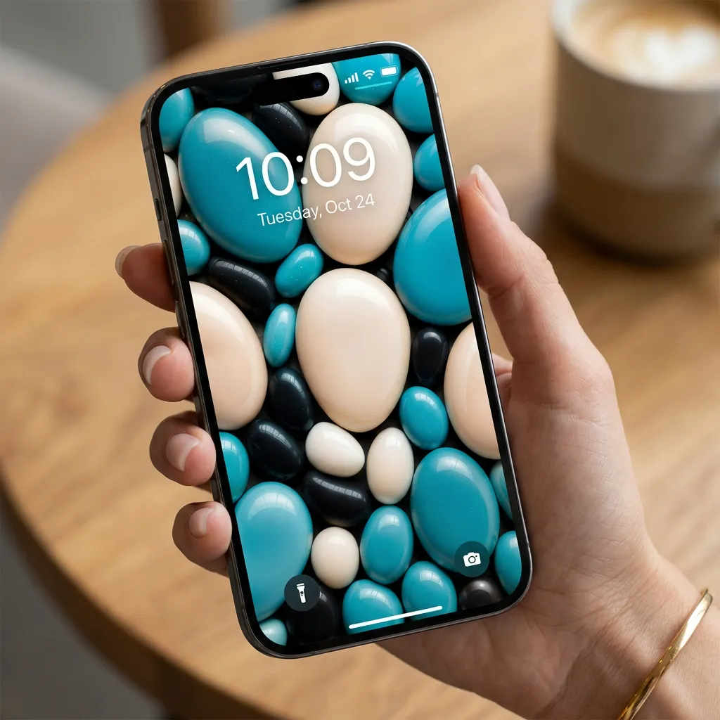 Glossy teal, cream and black pebbles iPhone wallpaper with abstract texture mockup one