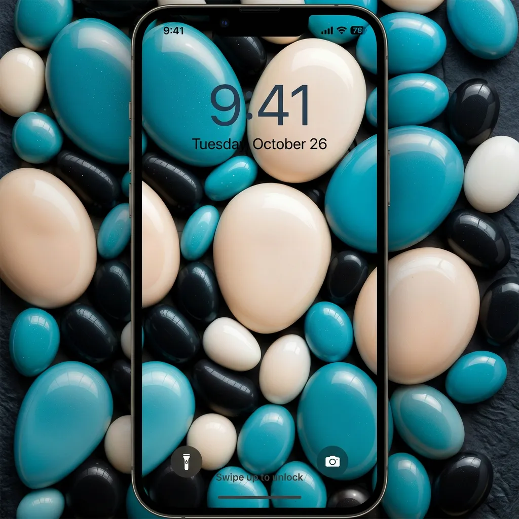 Glossy teal, cream and black pebbles iPhone wallpaper with abstract texture mockup two