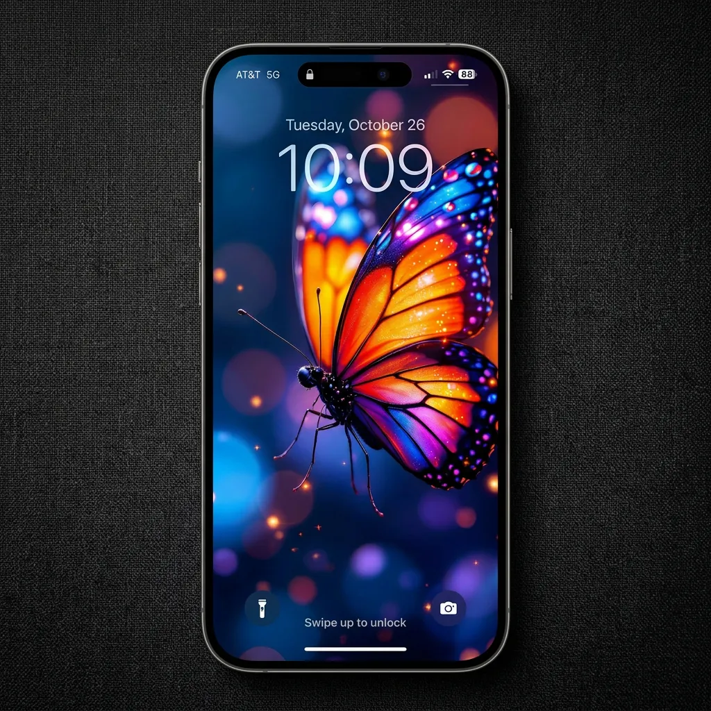 Glowing butterfly iPhone wallpaper with neon wings mockup one