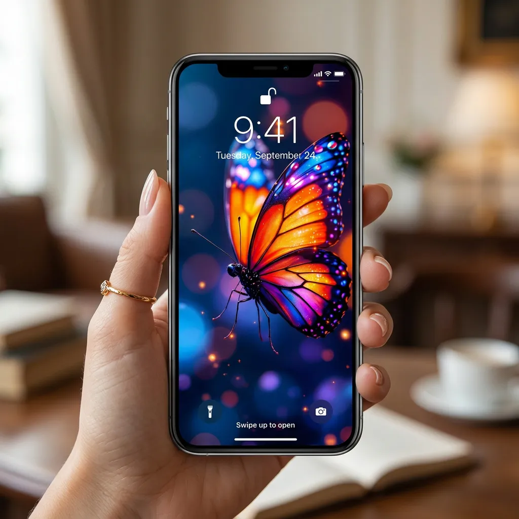 Glowing butterfly iPhone wallpaper with neon wings mockup two