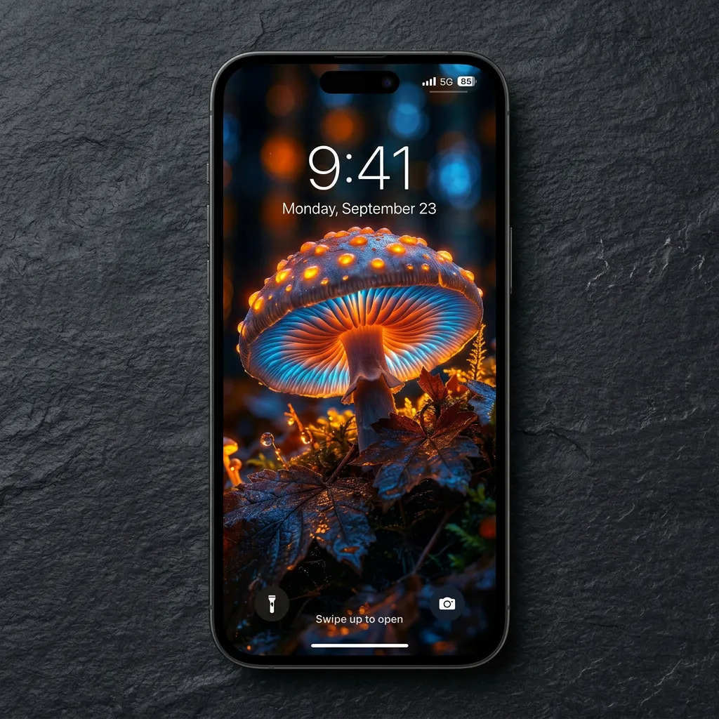 Glowing mushroom iPhone wallpaper with fantasy forest mockup one