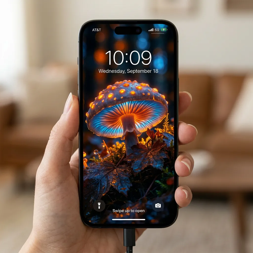 Glowing mushroom iPhone wallpaper with fantasy forest mockup two