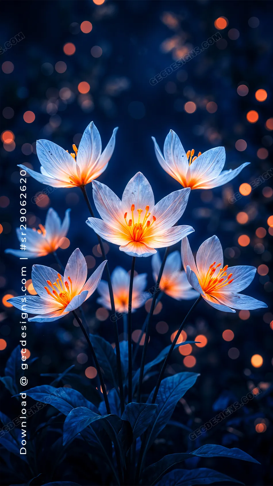 Glowing White Flowers iPhone Wallpaper with Orange Center on Dark Blue