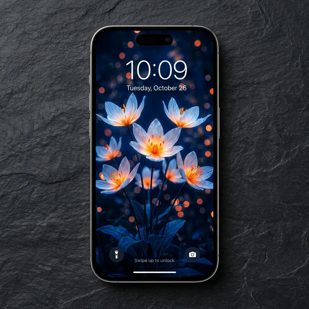 Glowing white flowers iPhone wallpaper with orange center on dark blue mockup one