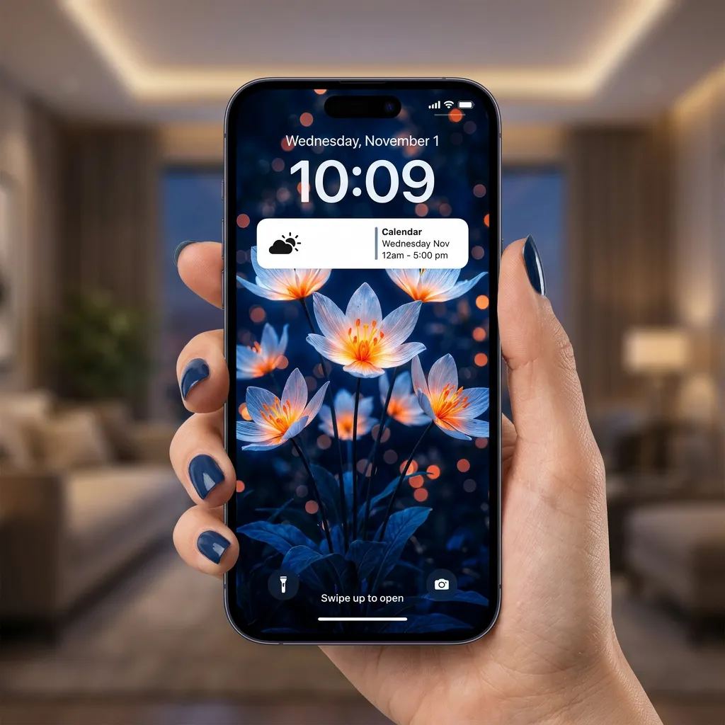 Glowing white flowers iPhone wallpaper with orange center on dark blue mockup two
