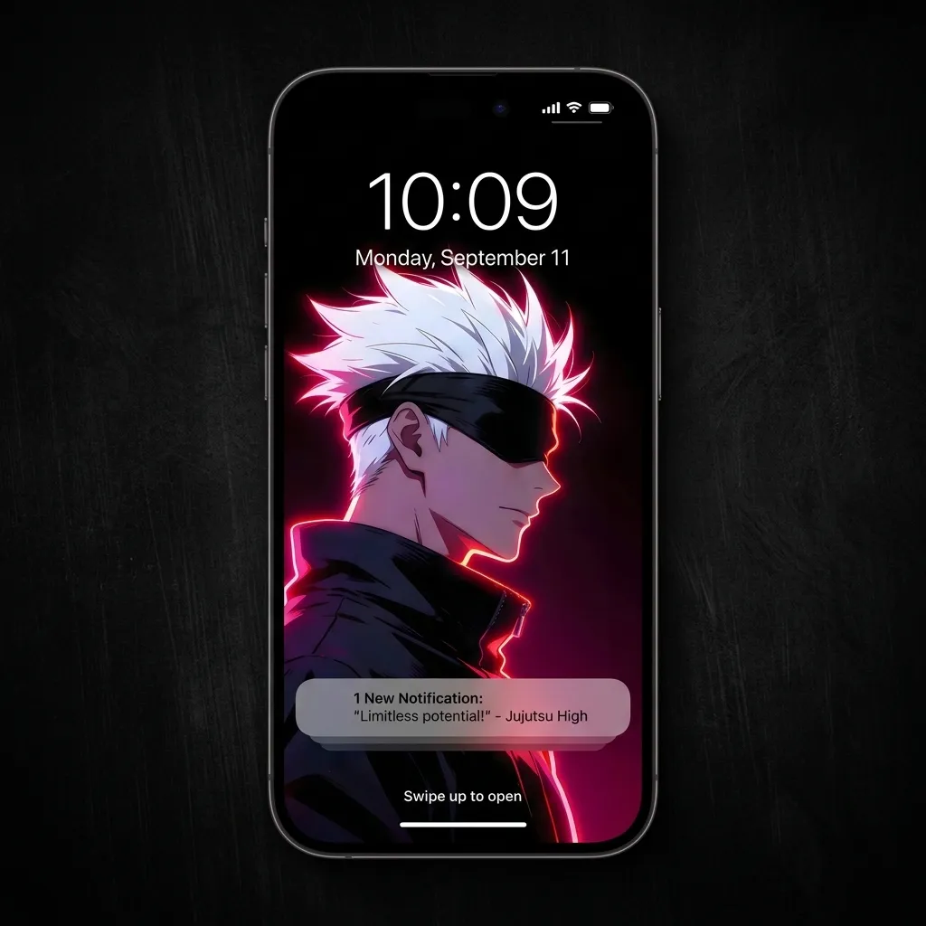 Gojo dark anime wallpaper with pink edge lighting mockup one