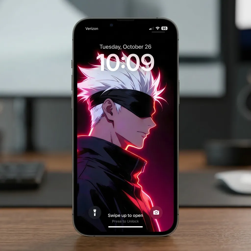 Gojo dark anime wallpaper with pink edge lighting mockup two