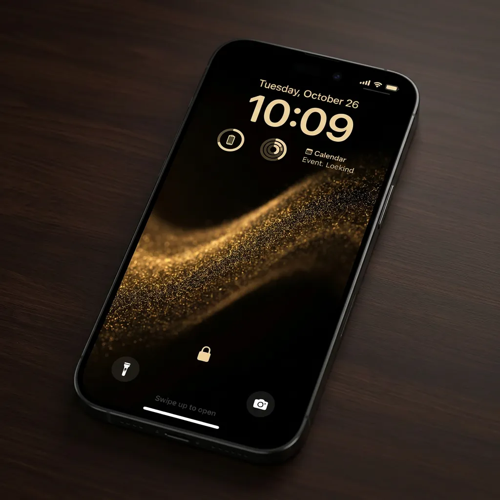 Gold abstract iPhone wallpaper with flowing golden dust and luxury dark theme mockup one
