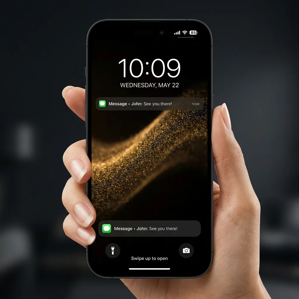 Gold abstract iPhone wallpaper with flowing golden dust and luxury dark theme mockup two