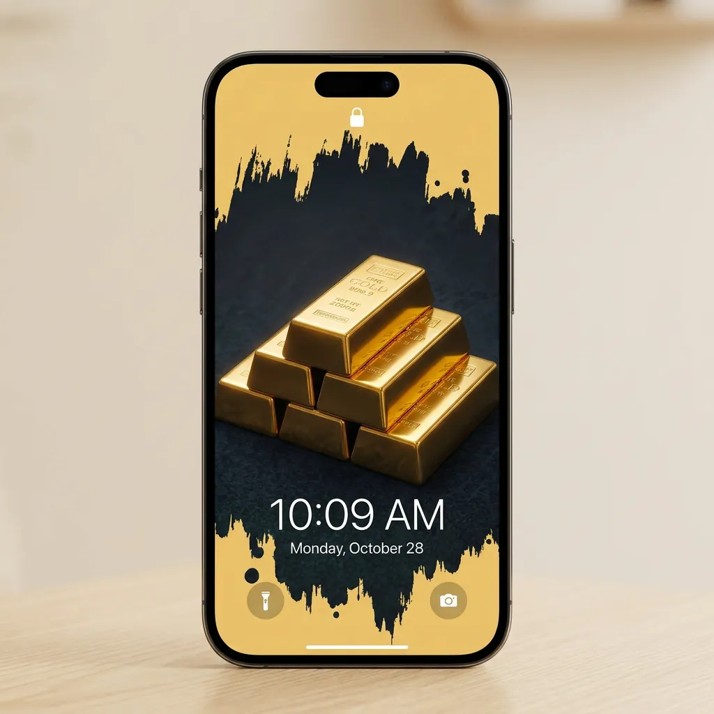 Gold iPhone wallpaper with stacked gold bars and luxury dark artistic background mockup one