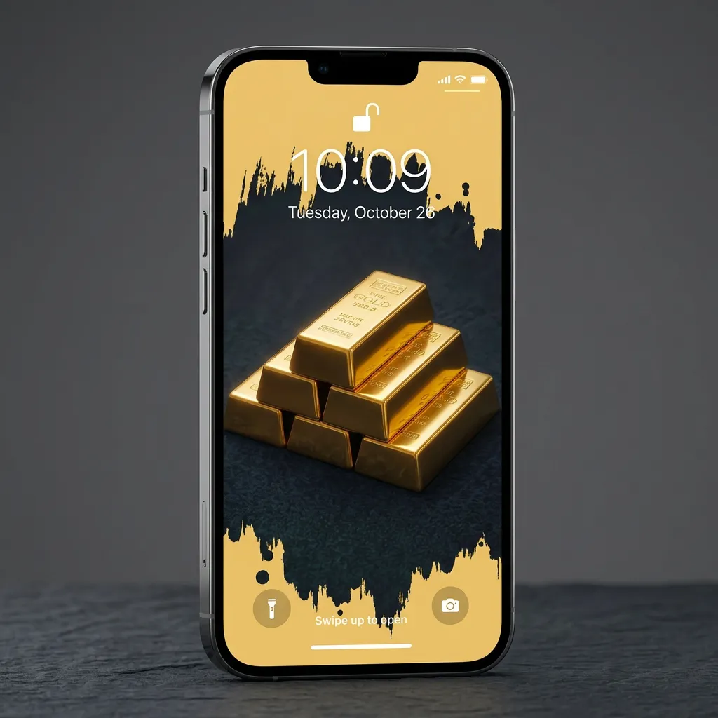 Gold iPhone wallpaper with stacked gold bars and luxury dark artistic background mockup two
