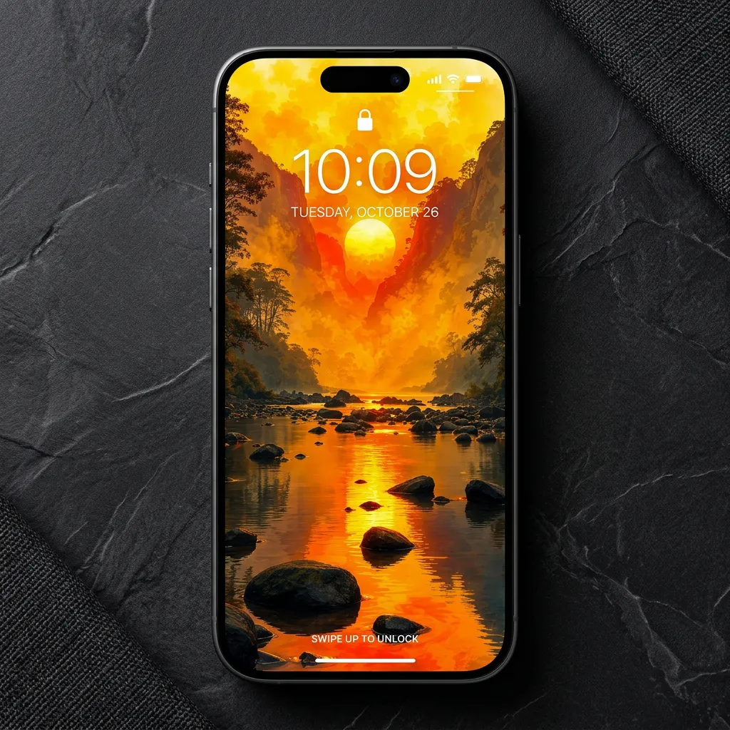 Golden river sunrise iPhone wallpaper with mountain valley mockup one