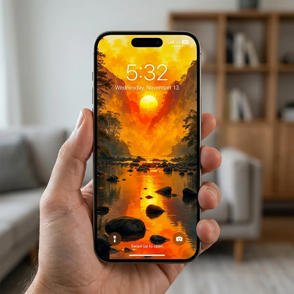 Golden river sunrise iPhone wallpaper with mountain valley mockup two