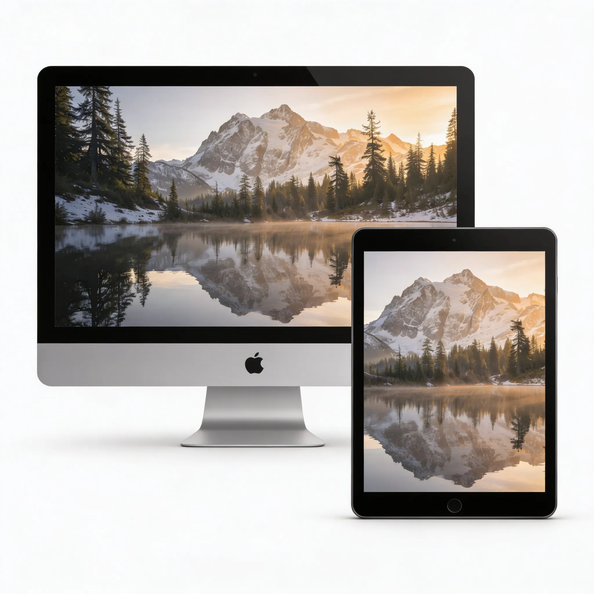 Golden Sunrise Mountain Lake Nature Desktop Wallpaper With Snowy Peaks Reflection Sr24022605 Mockup One