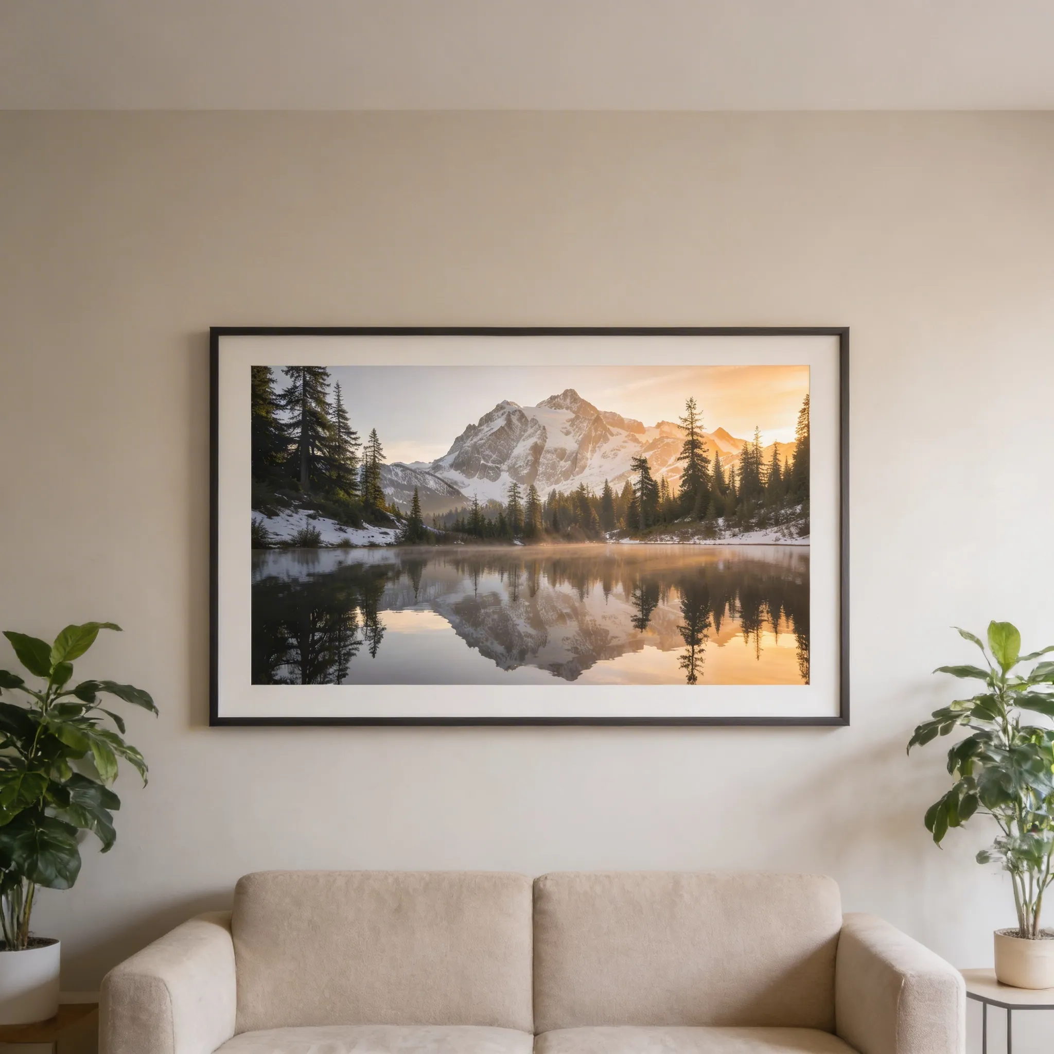 Golden Sunrise Mountain Lake Nature Desktop Wallpaper With Snowy Peaks Reflection Sr24022605 Mockup Two