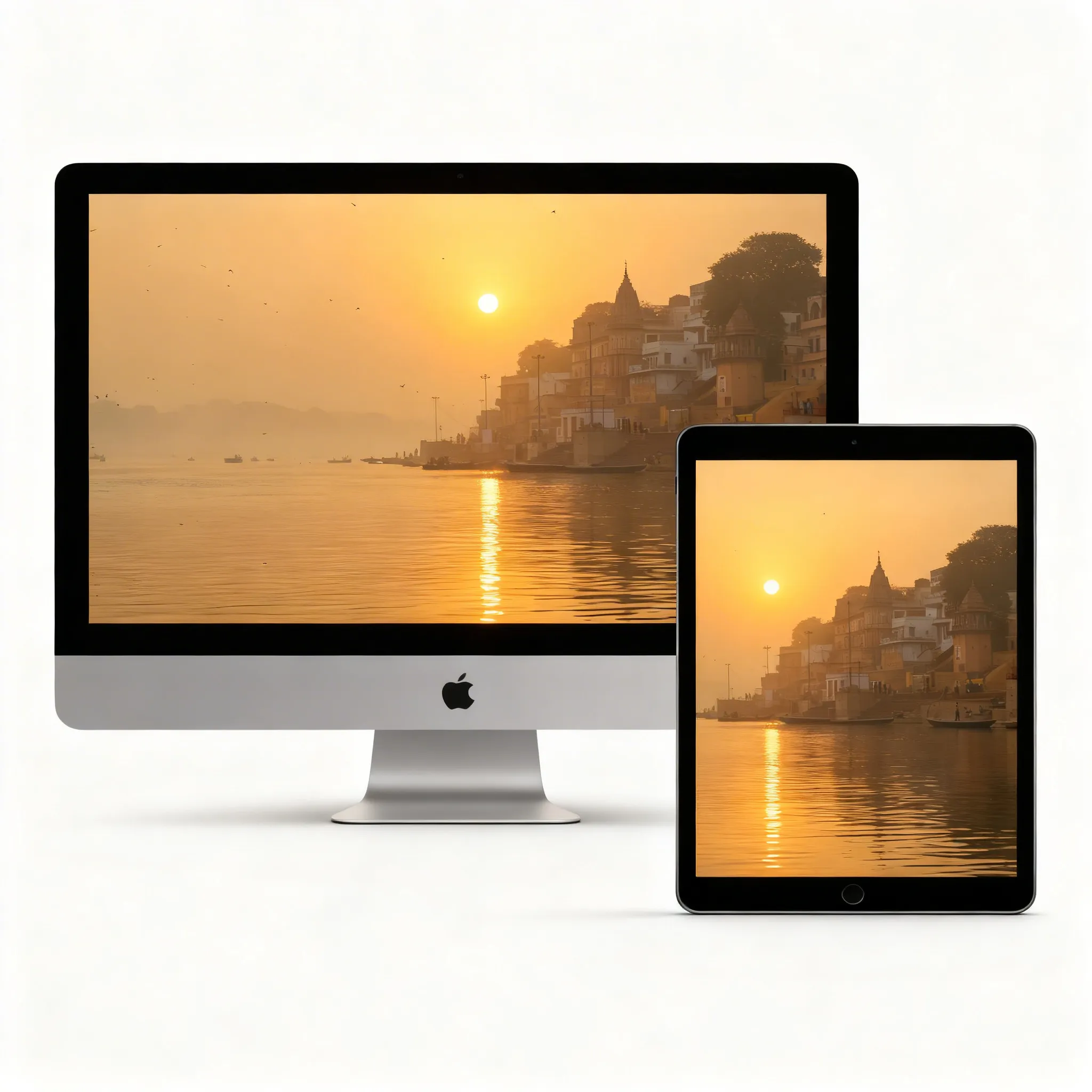Golden Sunrise Over River Ganga At Varanasi Ghats With Boats And Temples Spiritual Desktop Wallpaper Sr06032603 Mockup One