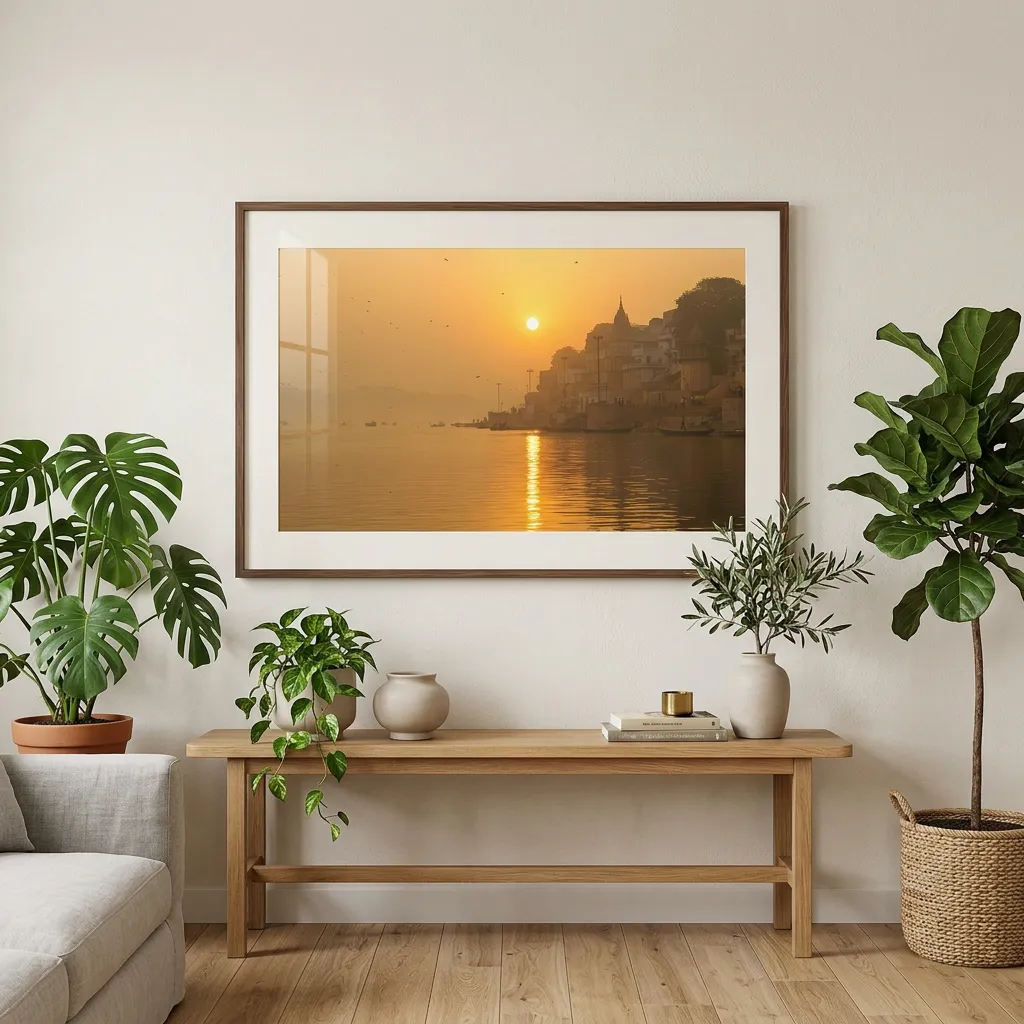 Golden Sunrise Over River Ganga At Varanasi Ghats With Boats And Temples Spiritual Desktop Wallpaper Sr06032603 Mockup Two