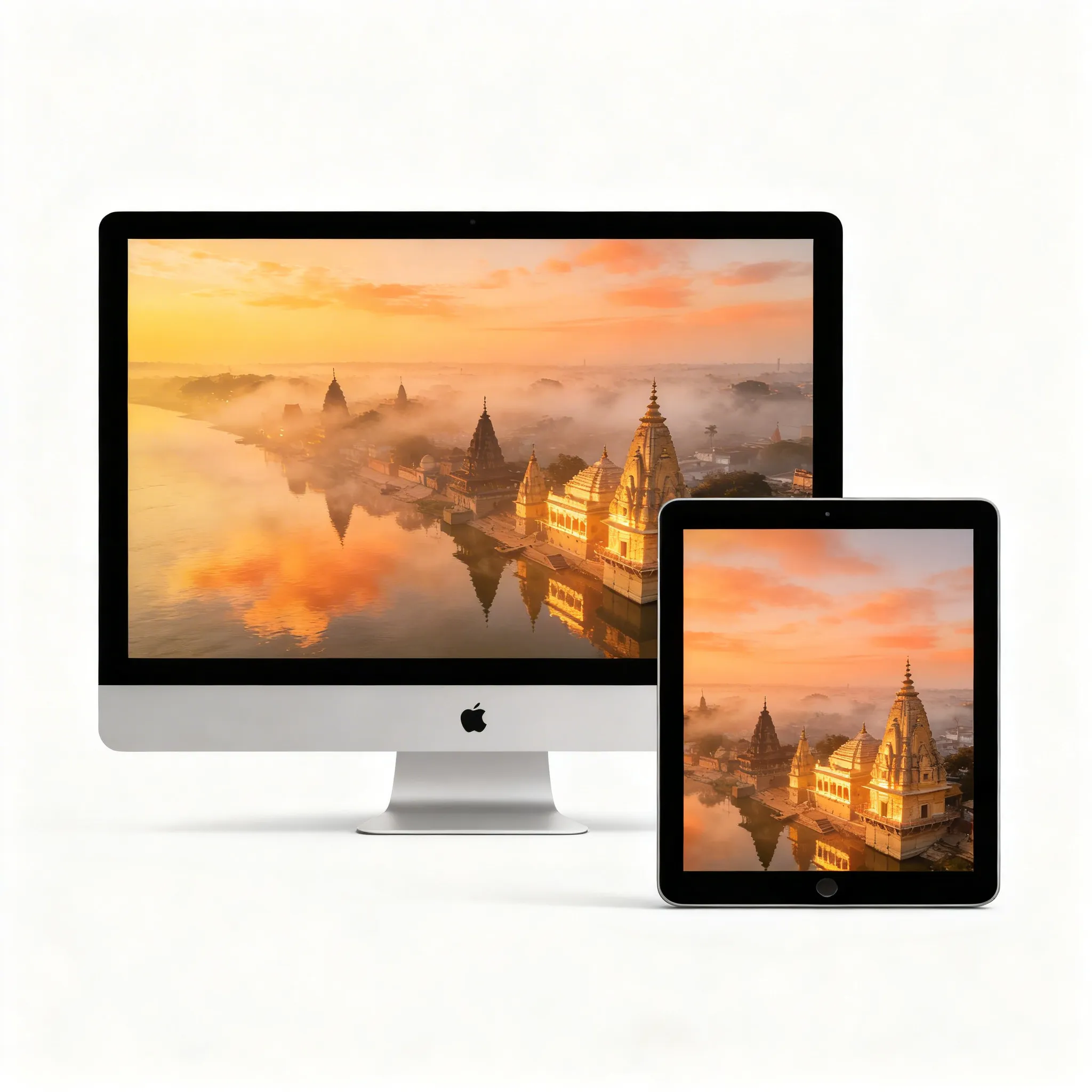Golden Sunrise Over Varanasi Temples And River Ganga Misty Spiritual Desktop Wallpaper Sr06032609 Mockup One