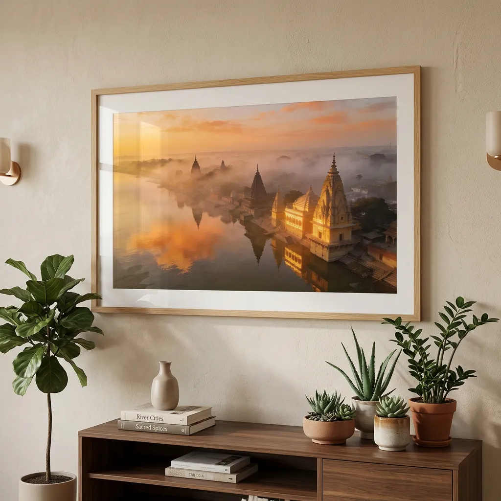 Golden Sunrise Over Varanasi Temples And River Ganga Misty Spiritual Desktop Wallpaper Sr06032609 Mockup Two