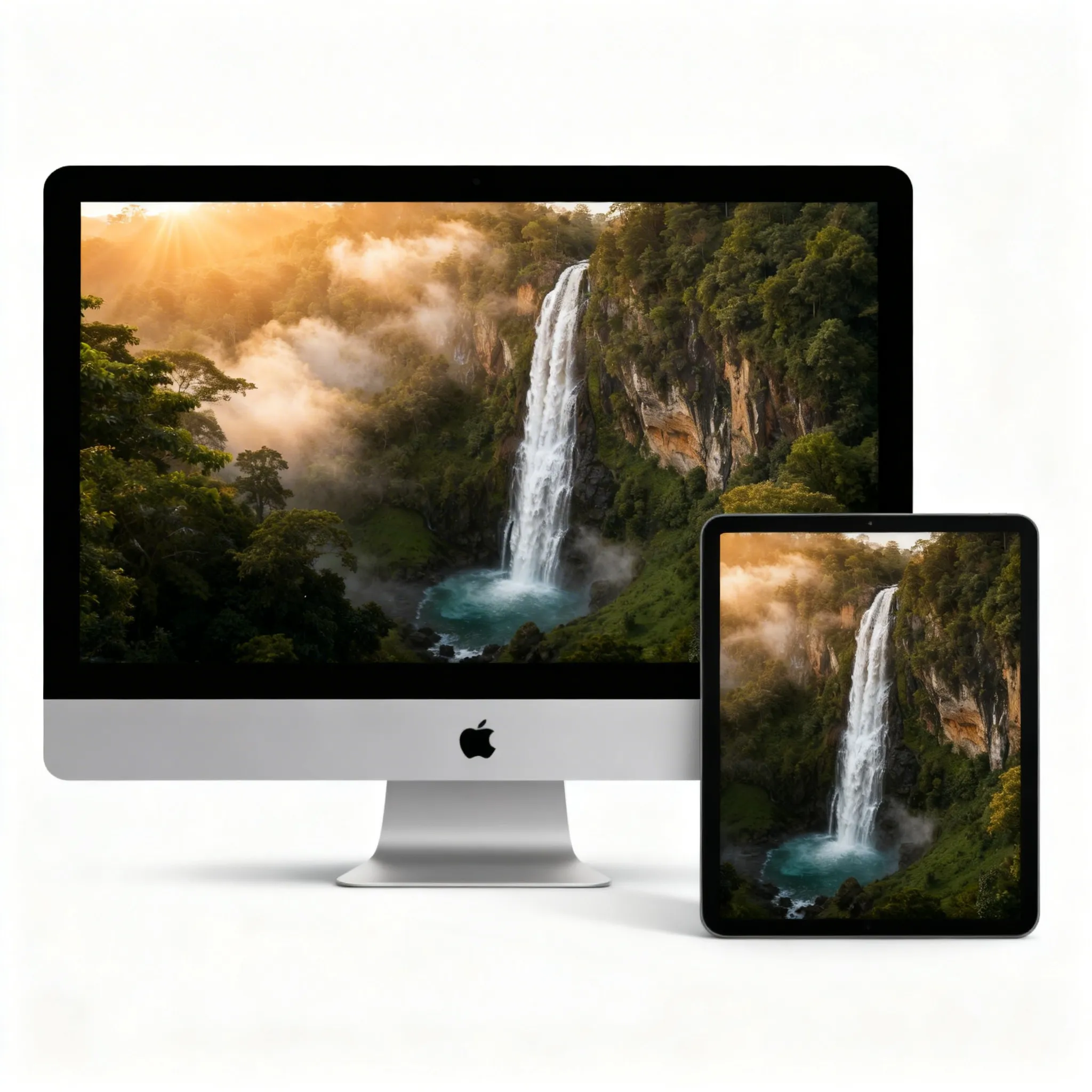 Golden Sunrise Waterfall Landscape Wallpaper With Misty River And Forest Cliff Scenery Sr06032601 Mockup One