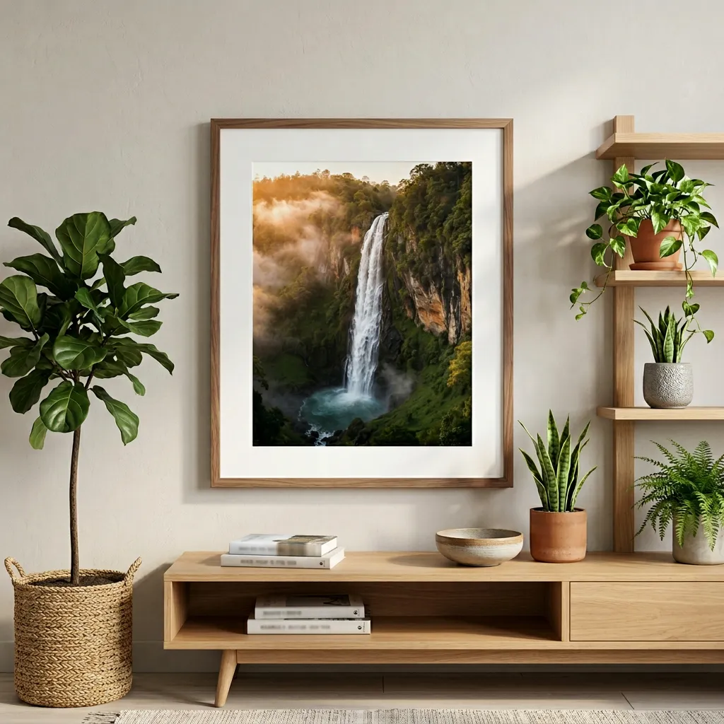 Golden Sunrise Waterfall Landscape Wallpaper With Misty River And Forest Cliff Scenery Sr06032601 Mockup Two