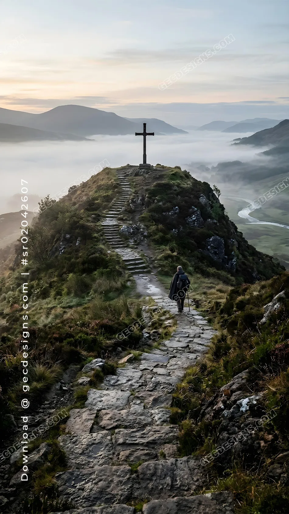 Good Friday image of a hilltop cross with stone steps, misty valleys, and soft sunrise light for prayer
