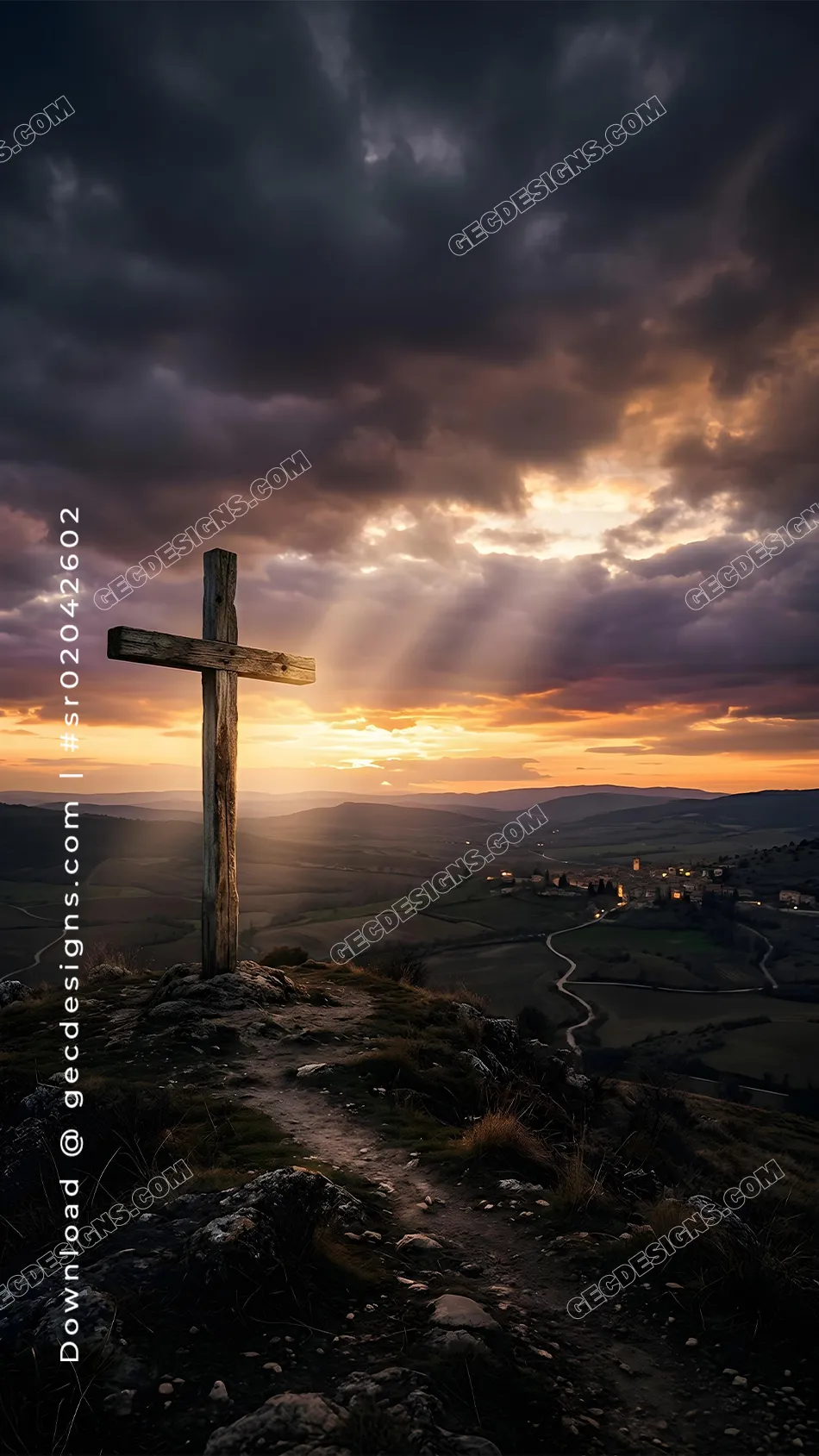 Good Friday image of a lone wooden cross on a hill with sunset rays and dramatic storm clouds