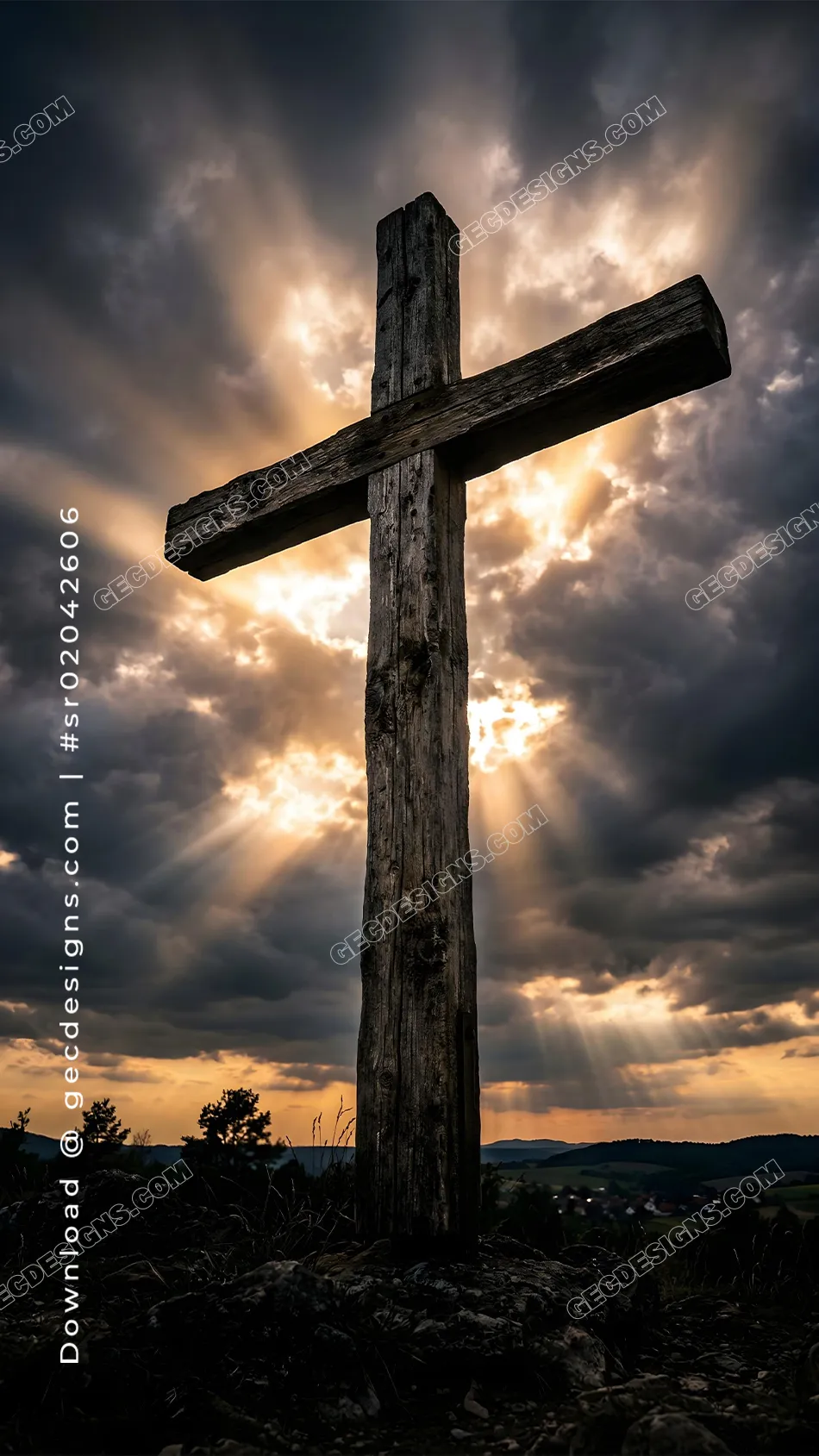 Good Friday image of a rugged wooden cross with sunbeams breaking through storm clouds at sunset