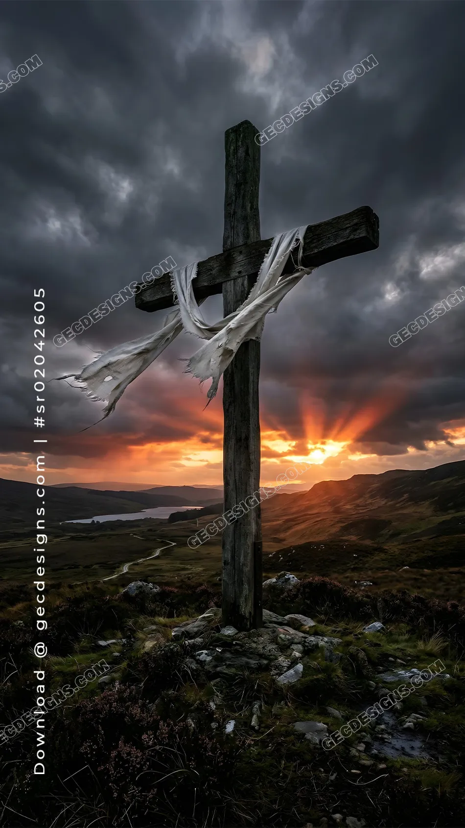 Good Friday image of a wooden cross with white cloth at sunset under storm clouds and fiery light rays