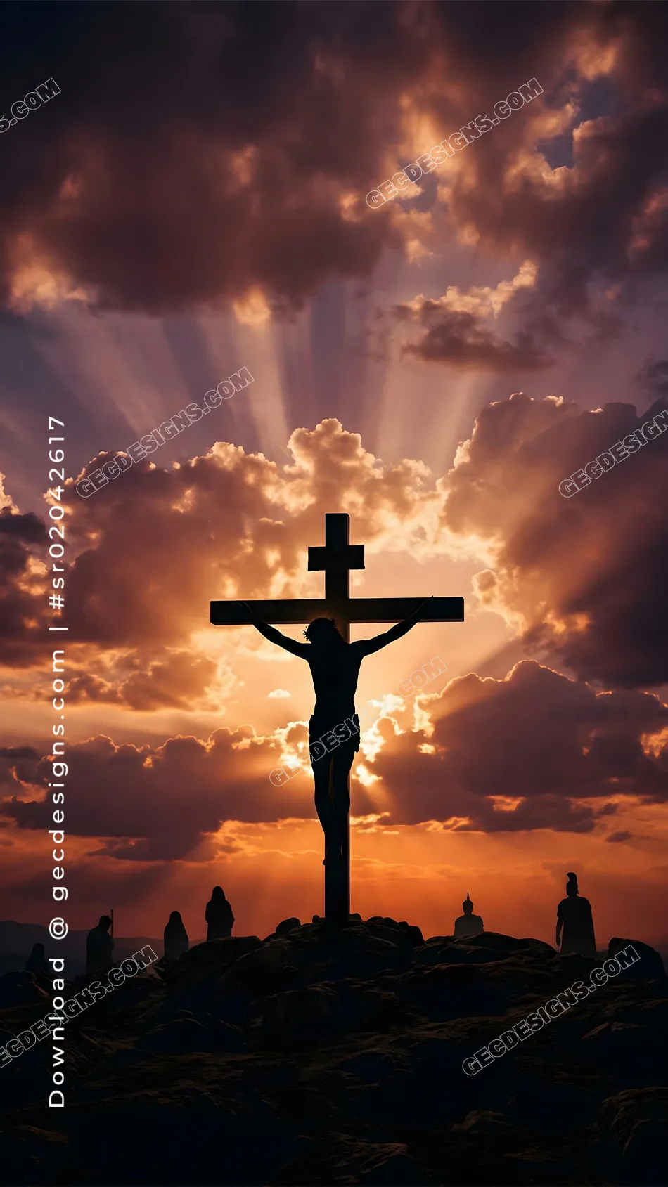 Good Friday image of Jesus on the cross at sunset with radiant sunbeams and dramatic clouds for prayer posts