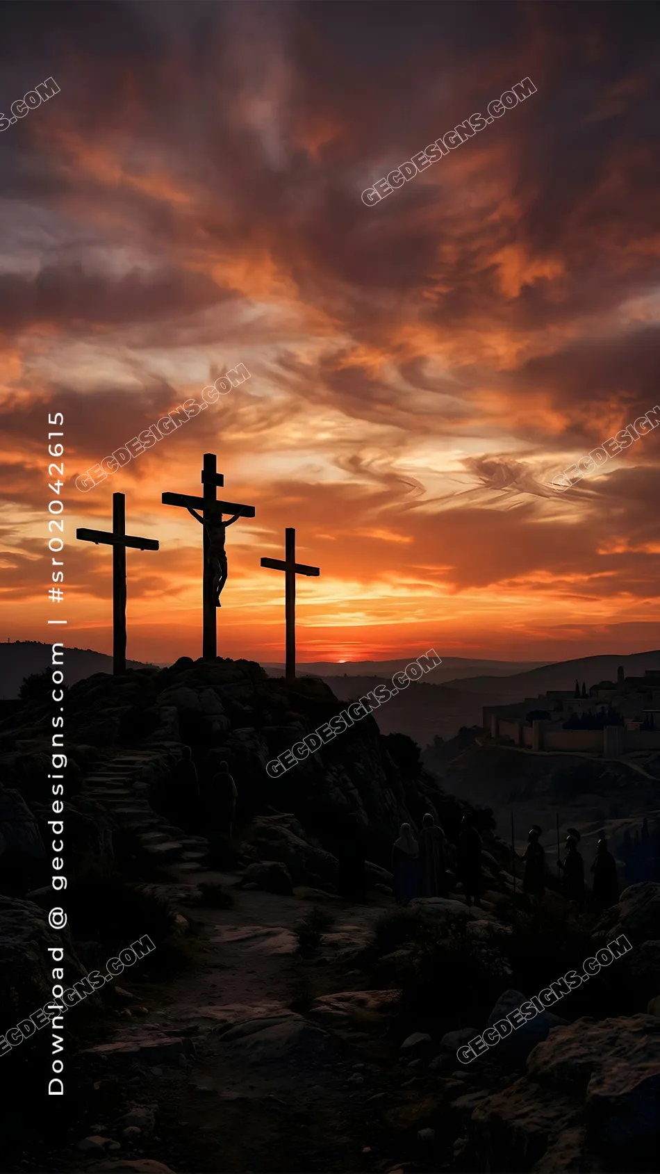Good Friday image of three crosses on Calvary at sunset with dramatic orange clouds and silent silhouettes