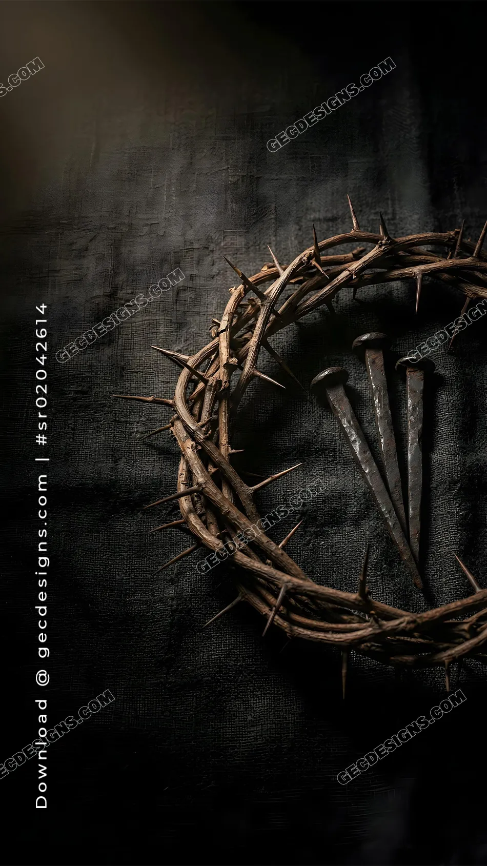 Good Friday image with a crown of thorns and iron nails on a dark textured background for remembrance posts