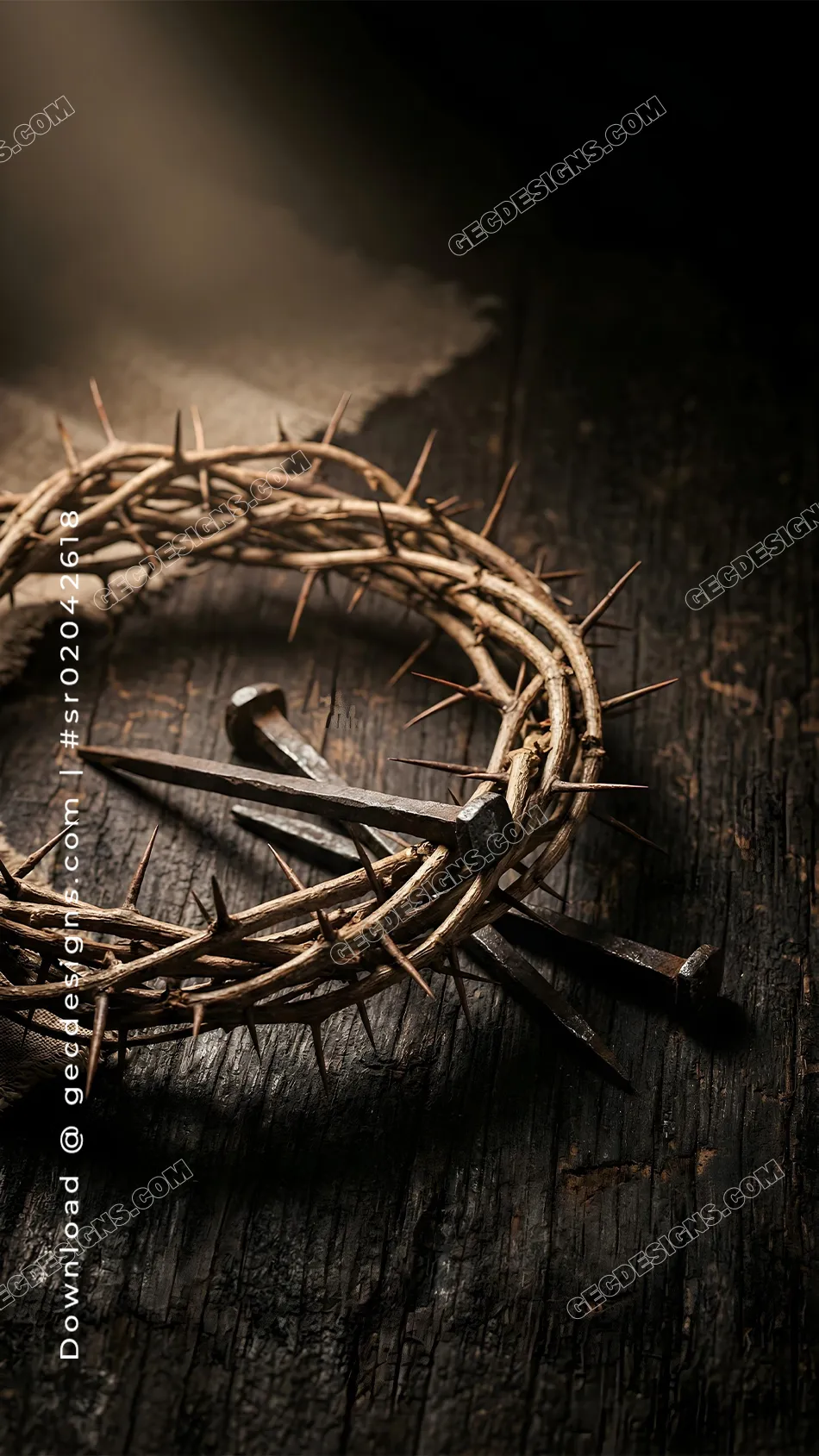 Good Friday image with a crown of thorns and iron nails on dark wood for Holy Week remembrance posts