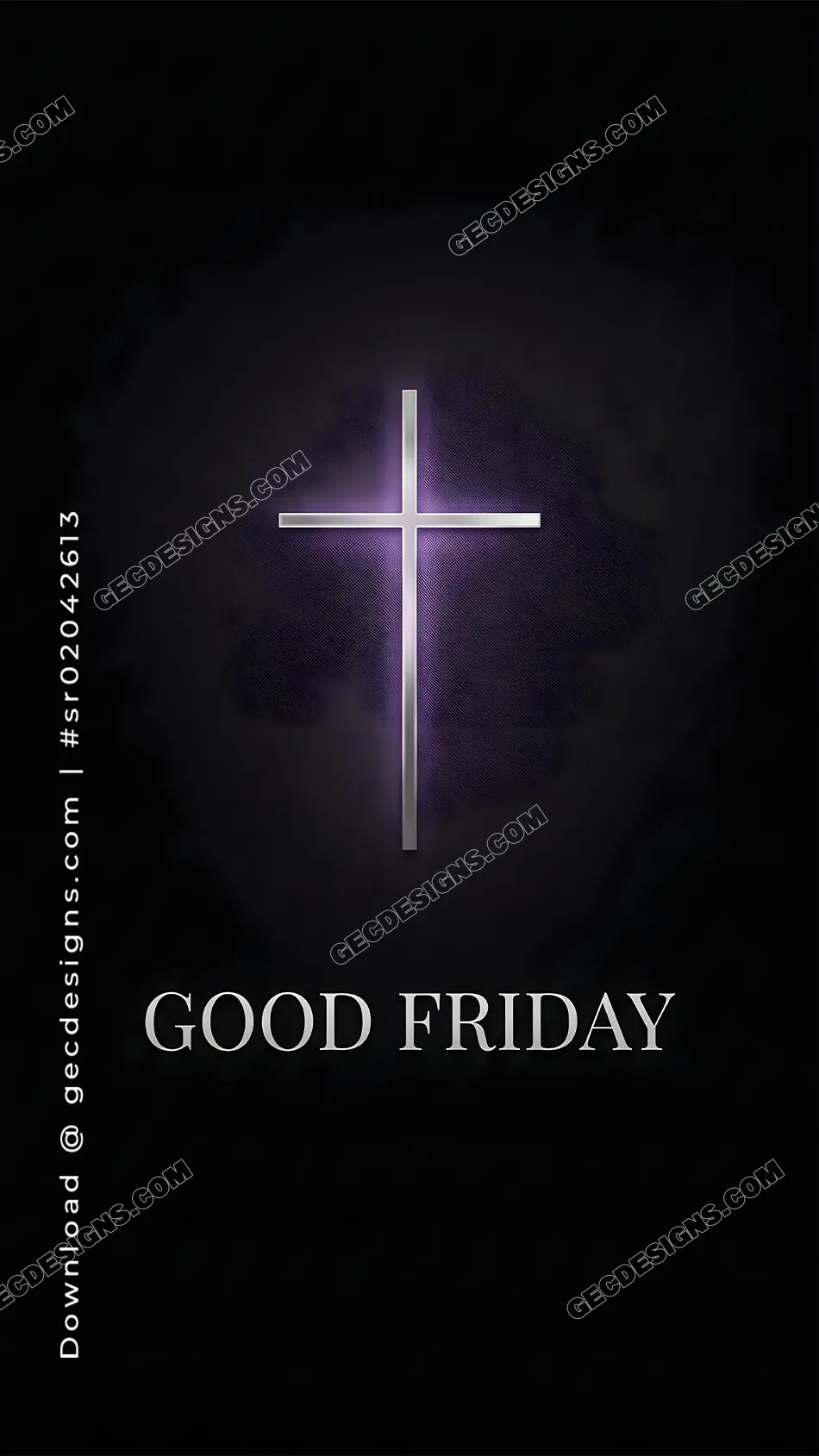 Good Friday image with a silver cross and purple glow on a black background for WhatsApp status and church posts