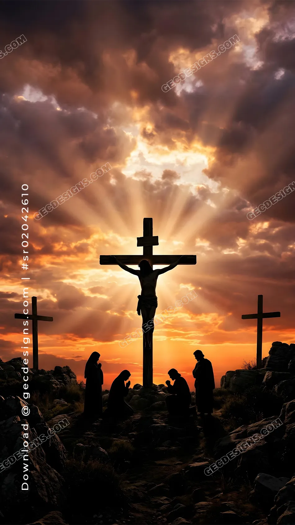 Good Friday images of the crucifixion with three crosses and a praying silhouette under radiant sunset clouds
