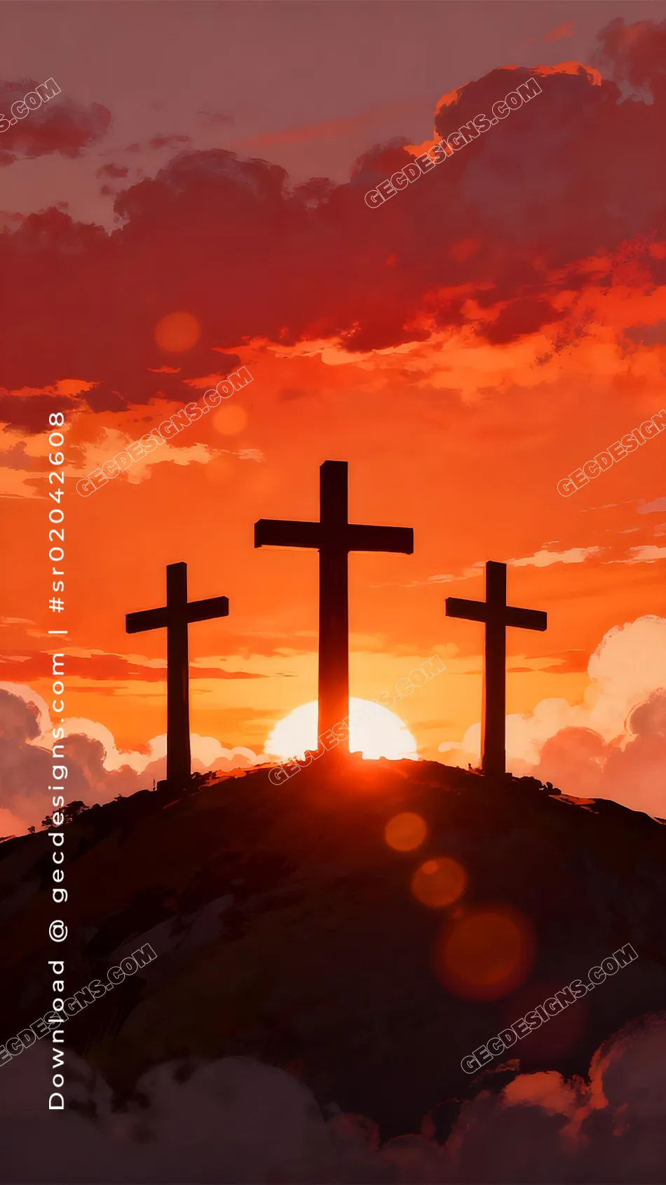 Good Friday images of three crosses on a hill at sunrise with a fiery red sky and soft lens glow