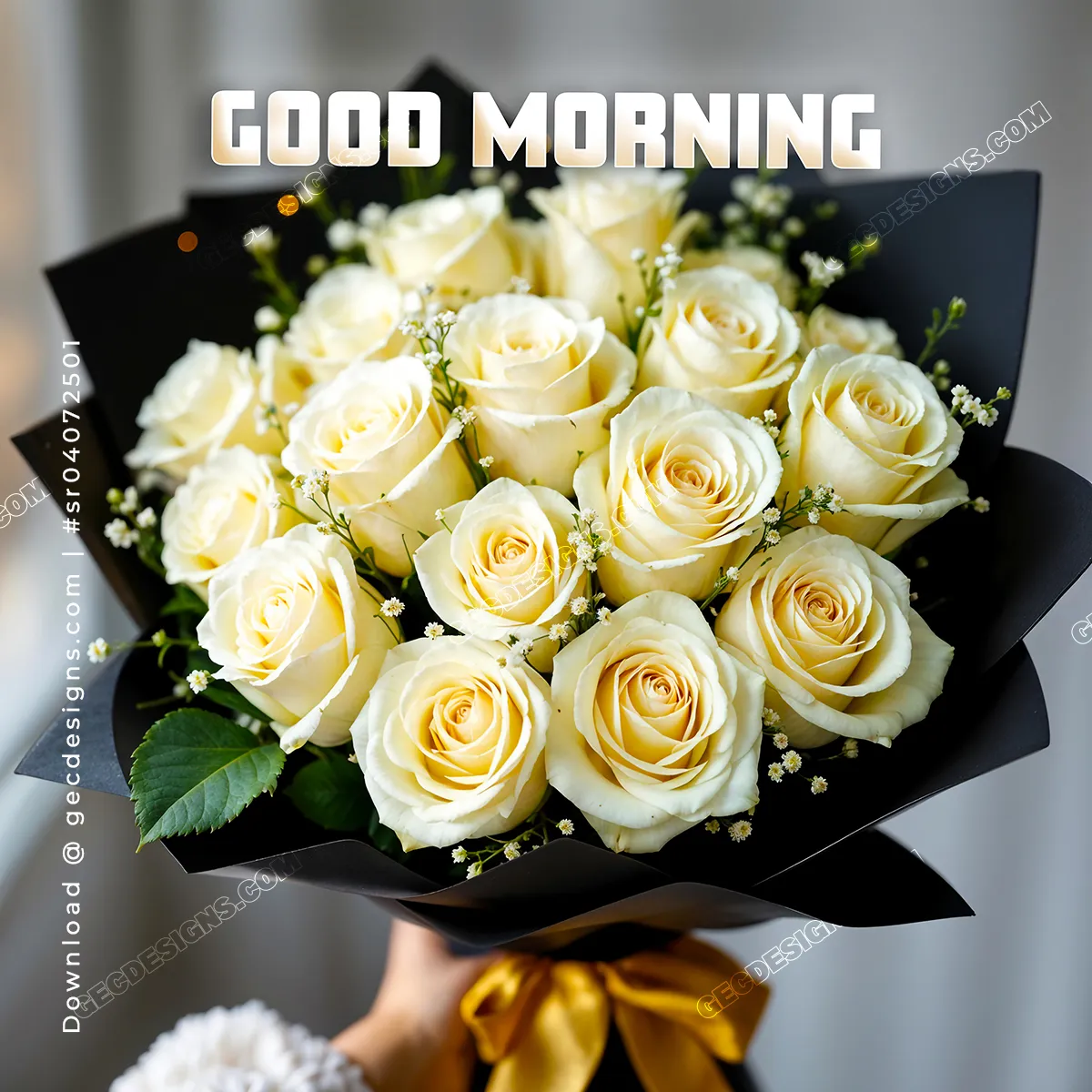 Good Morning Wishes Image with Elegant Yellow Rose Bouquet in Black Wrapper  - GEC Designs, image size:1200x1200