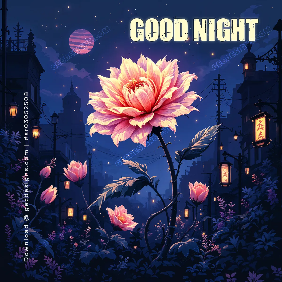 Good night image with large flower and night sky background