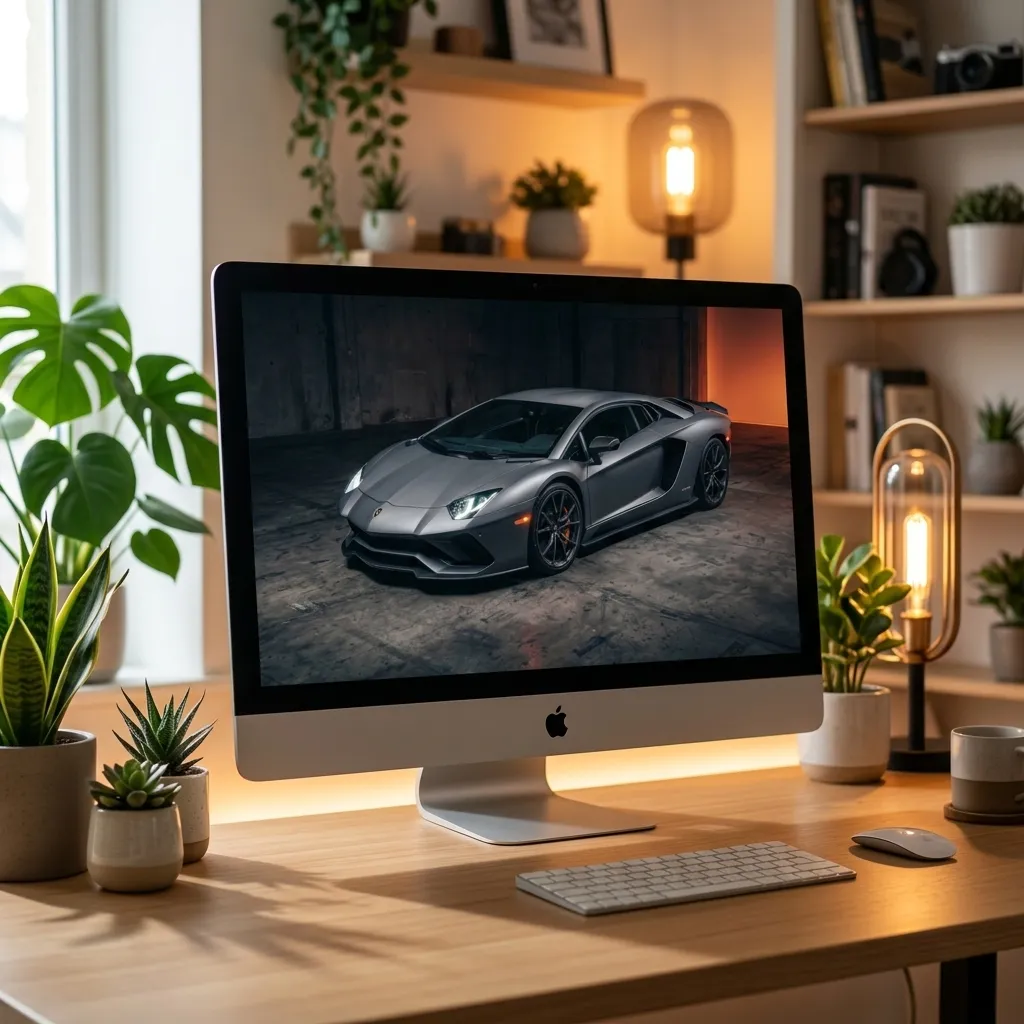 Gray supercar desktop wallpaper with industrial garage lighting mockup one