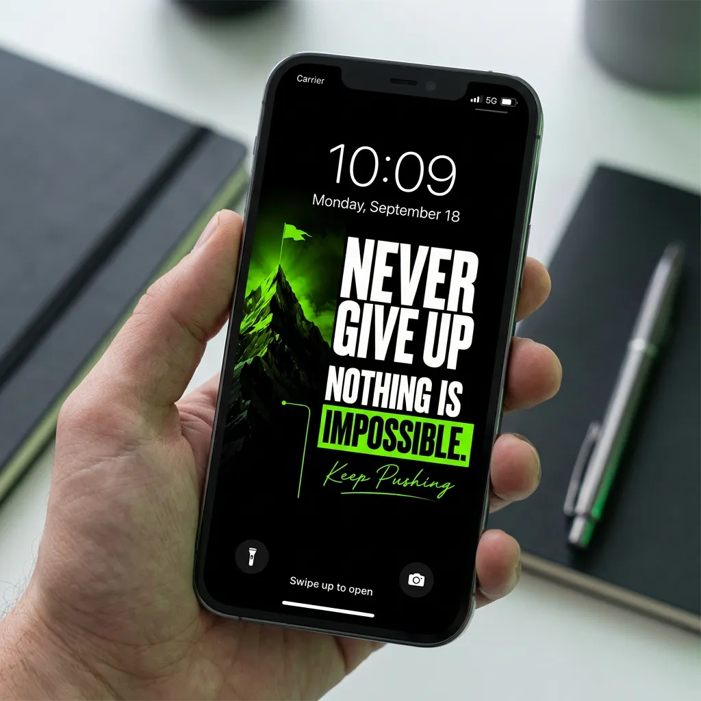 Green motivational quote iPhone wallpaper with mountain goal design mockup one