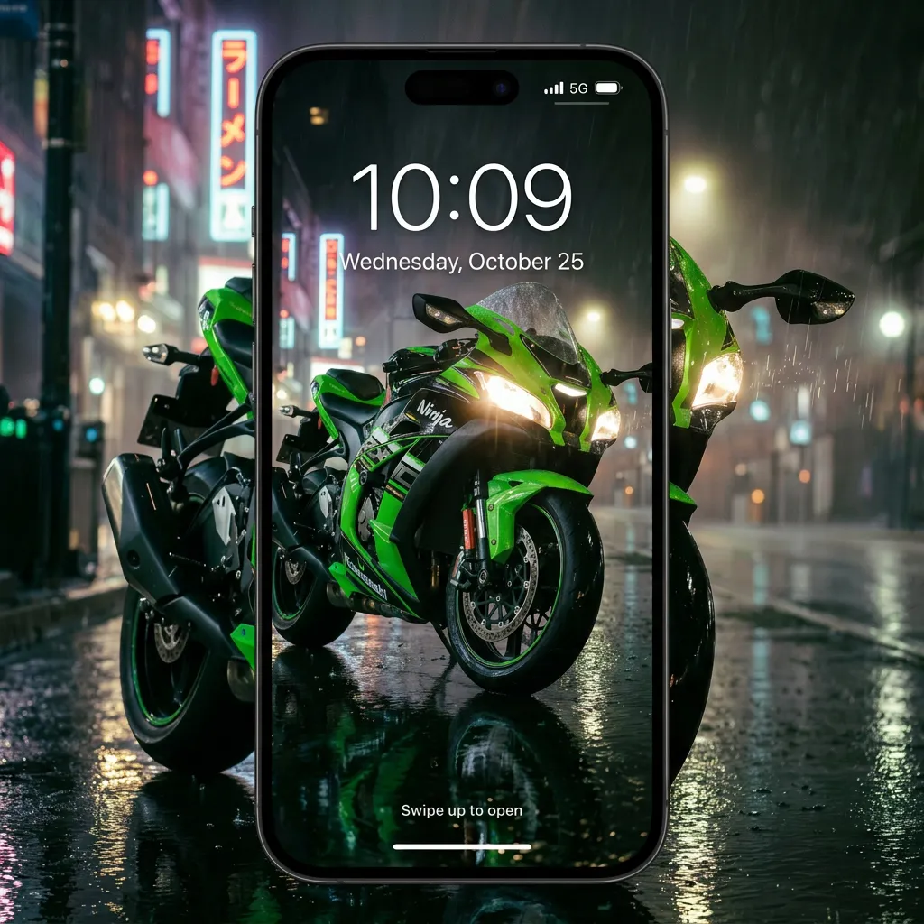 Green ninja sports bike iPhone wallpaper in rainy city mockup one