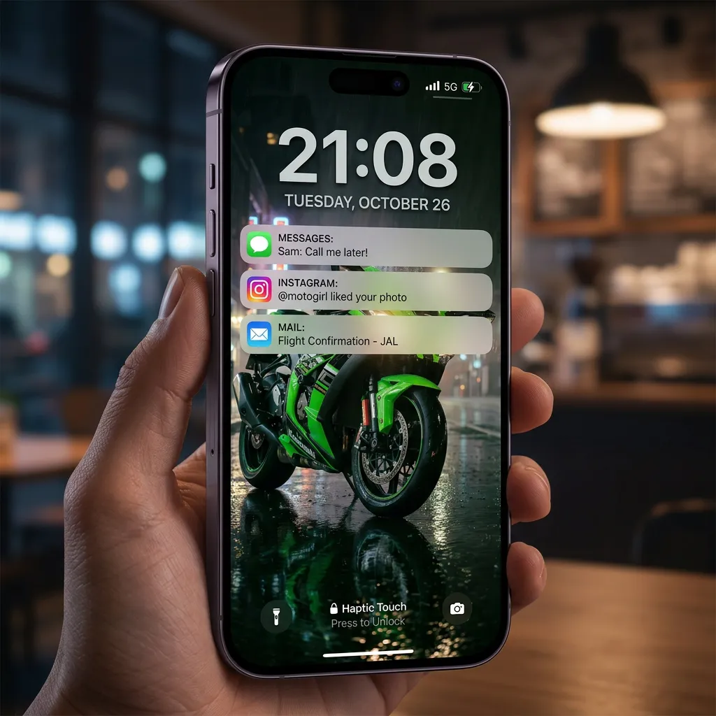 Green ninja sports bike iPhone wallpaper in rainy city mockup two