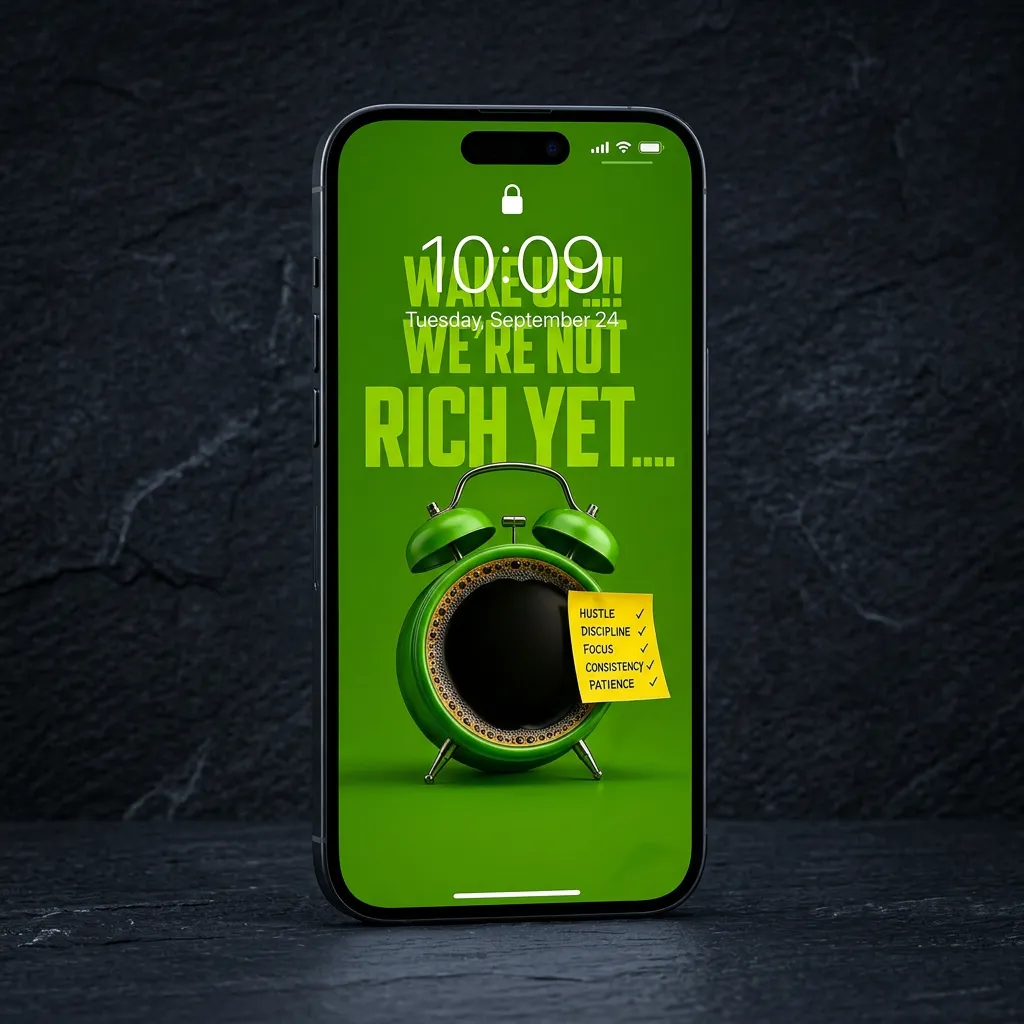 Green success mindset iPhone wallpaper with alarm clock quote mockup one