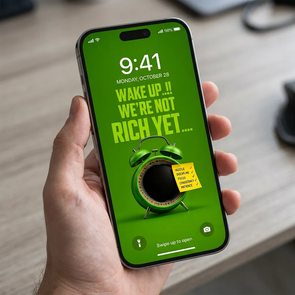 Green success mindset iPhone wallpaper with alarm clock quote