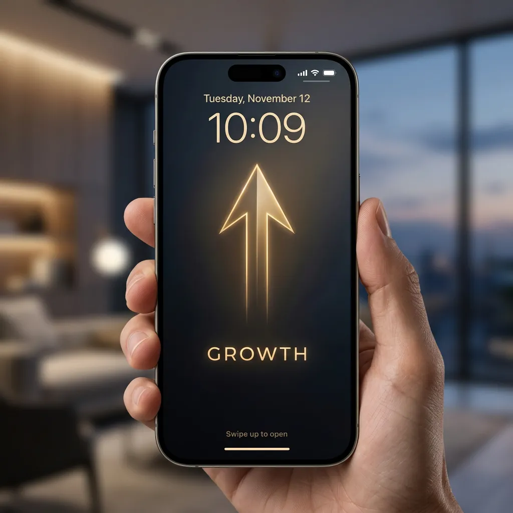 Growth iPhone wallpaper with up arrow and dark luxury background for success mindset